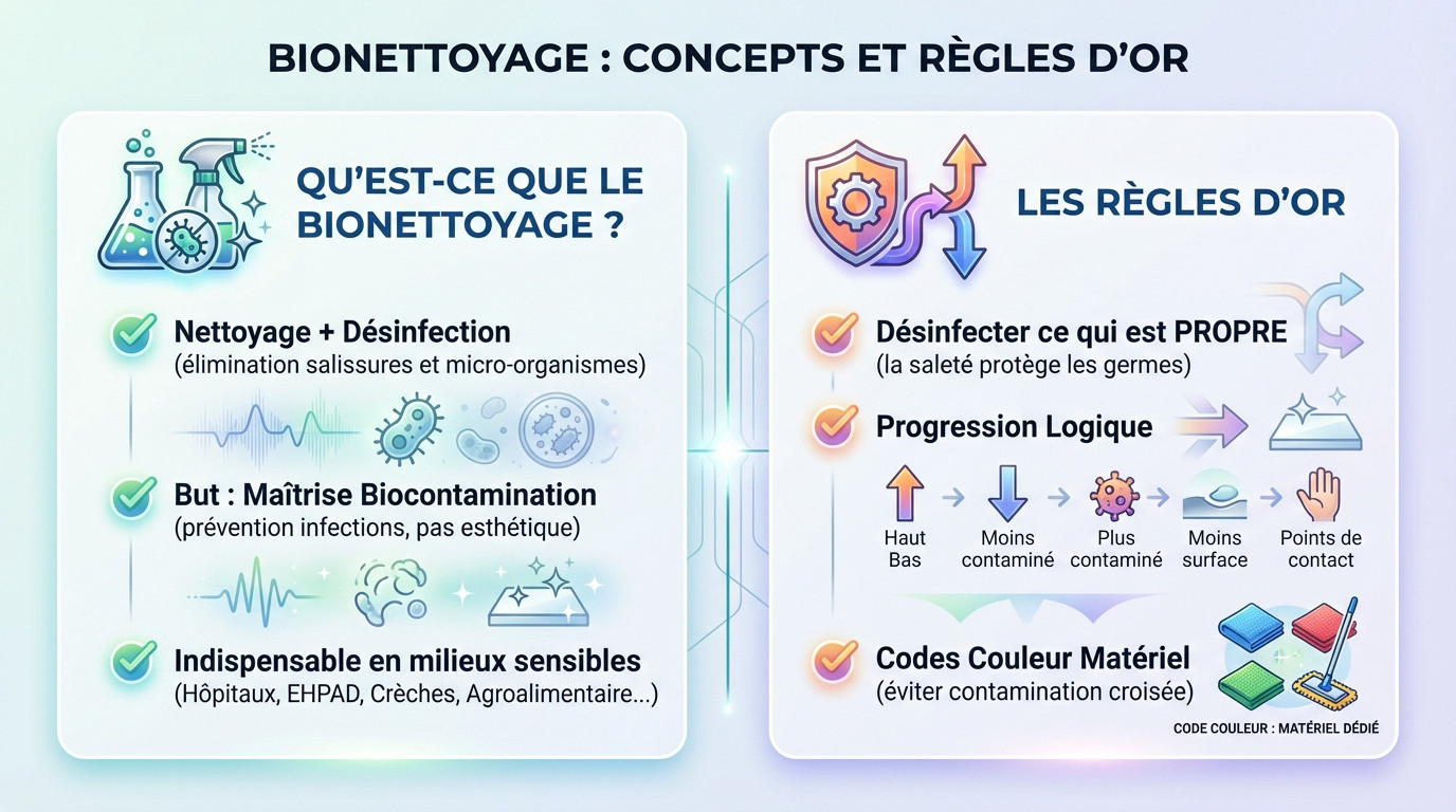 Illustration des concepts cl&eacute;s et des r&egrave;gles d'or du bionettoyage professionnel