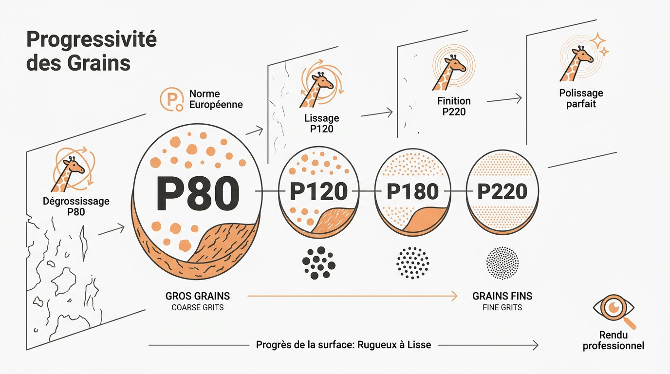 Echelle de granulométrie P et progression du ponçage placo