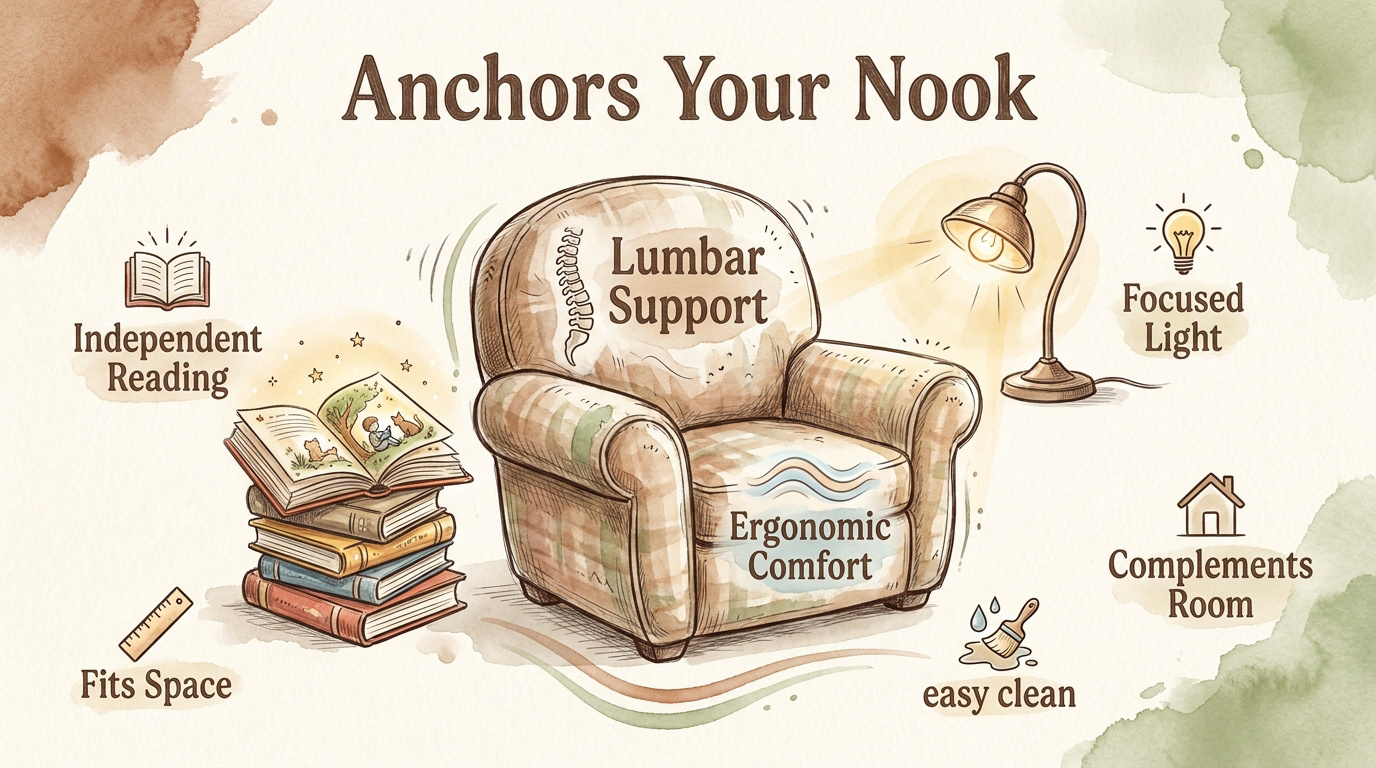 Infographic showing the ergonomic benefits of a cozy children's reading chair for posture and comfort