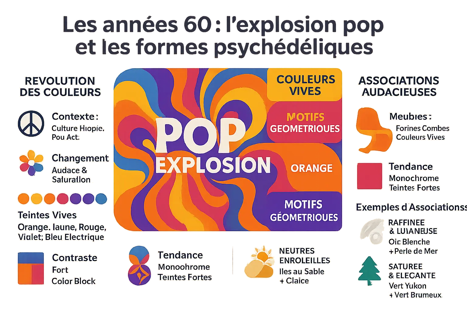 Décoration des années 60 avec couleurs vives et motifs géométriques