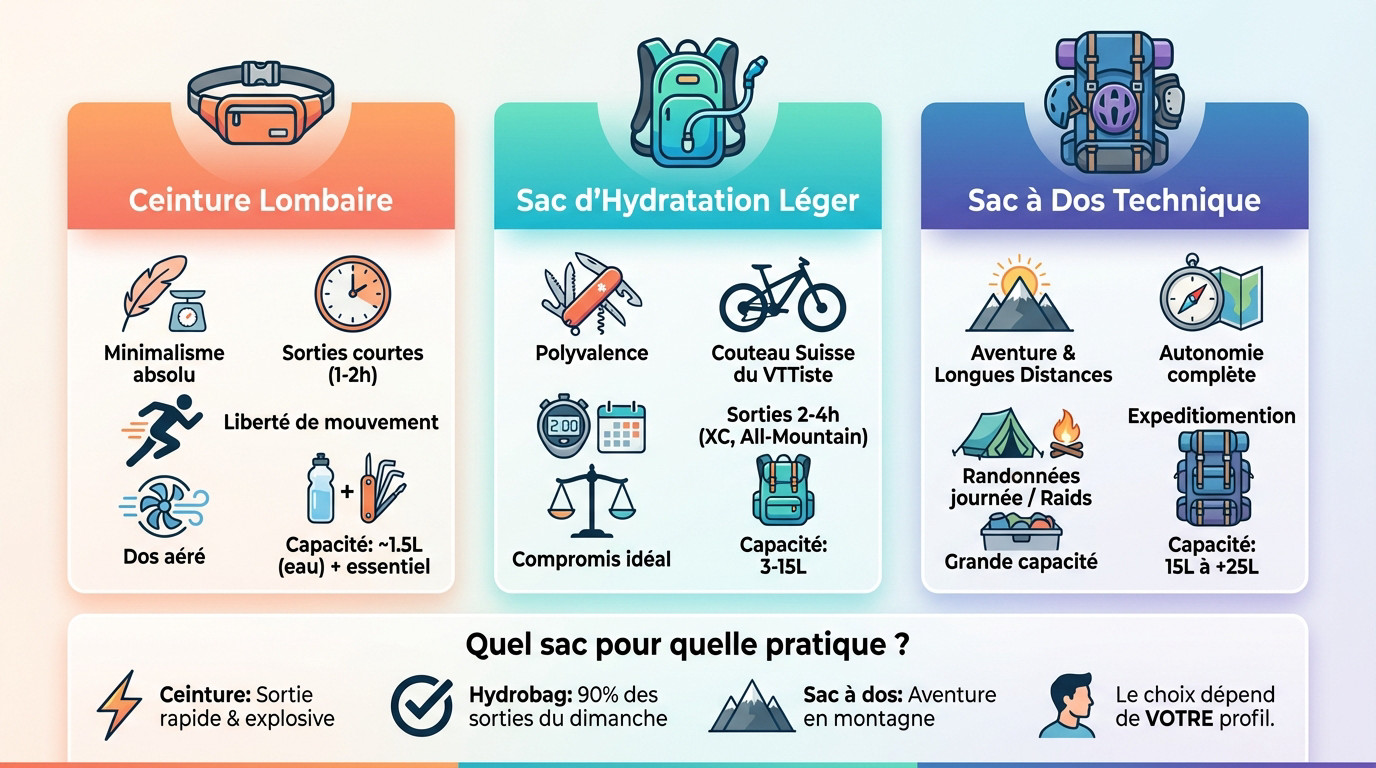 Comparatif visuel des trois types de sacs VTT : ceinture lombaire, sac d'hydratation et sac à dos technique