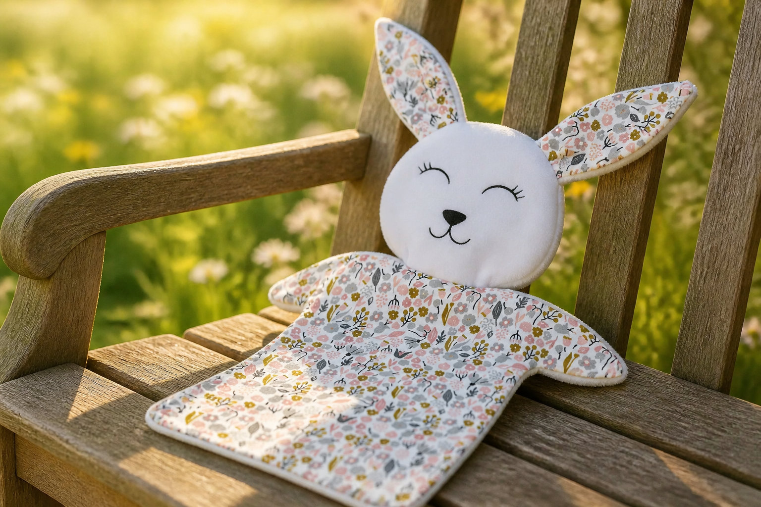 Doudou Lapin en tissu Fleurs Rose, gris et or