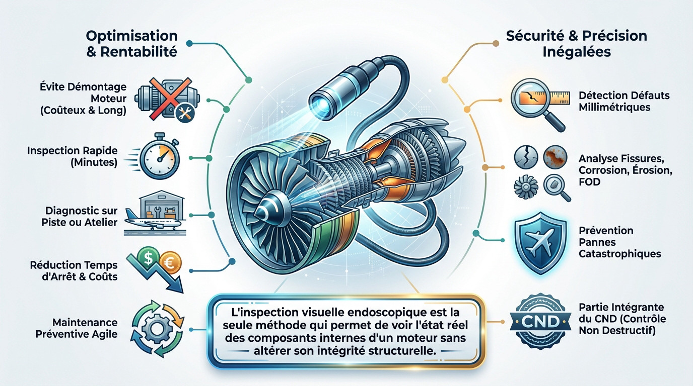 Technicien réalisant une inspection endoscopique sur un moteur d'avion pour détecter des défauts internes