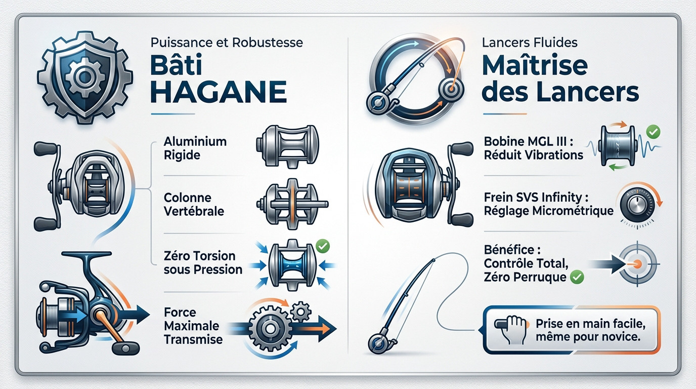 Moulinet casting Shimano Curado M 201HG montrant son bâti Hagane robuste pour la pêche des carnassiers