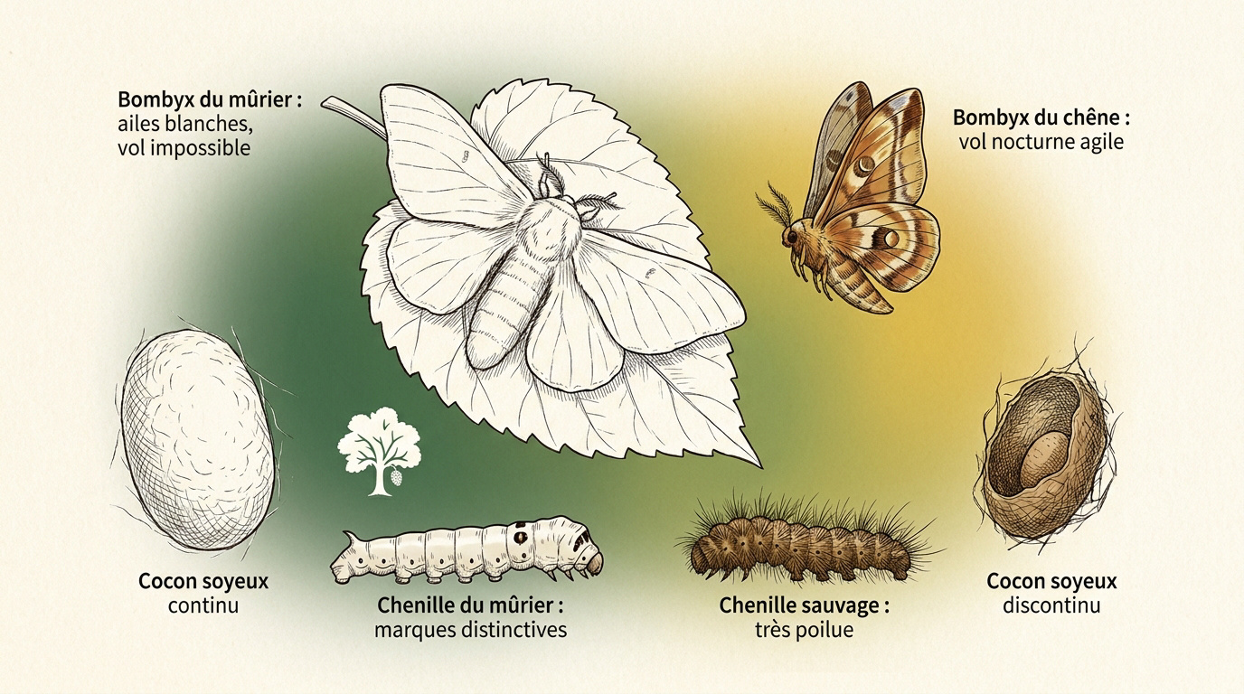 Comparaison visuelle entre le Bombyx du mûrier domestique et le Bombyx du chêne sauvage