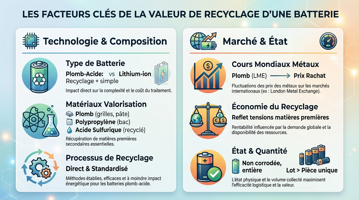 Schéma explicatif des facteurs influençant le prix de rachat des batteries au recyclage