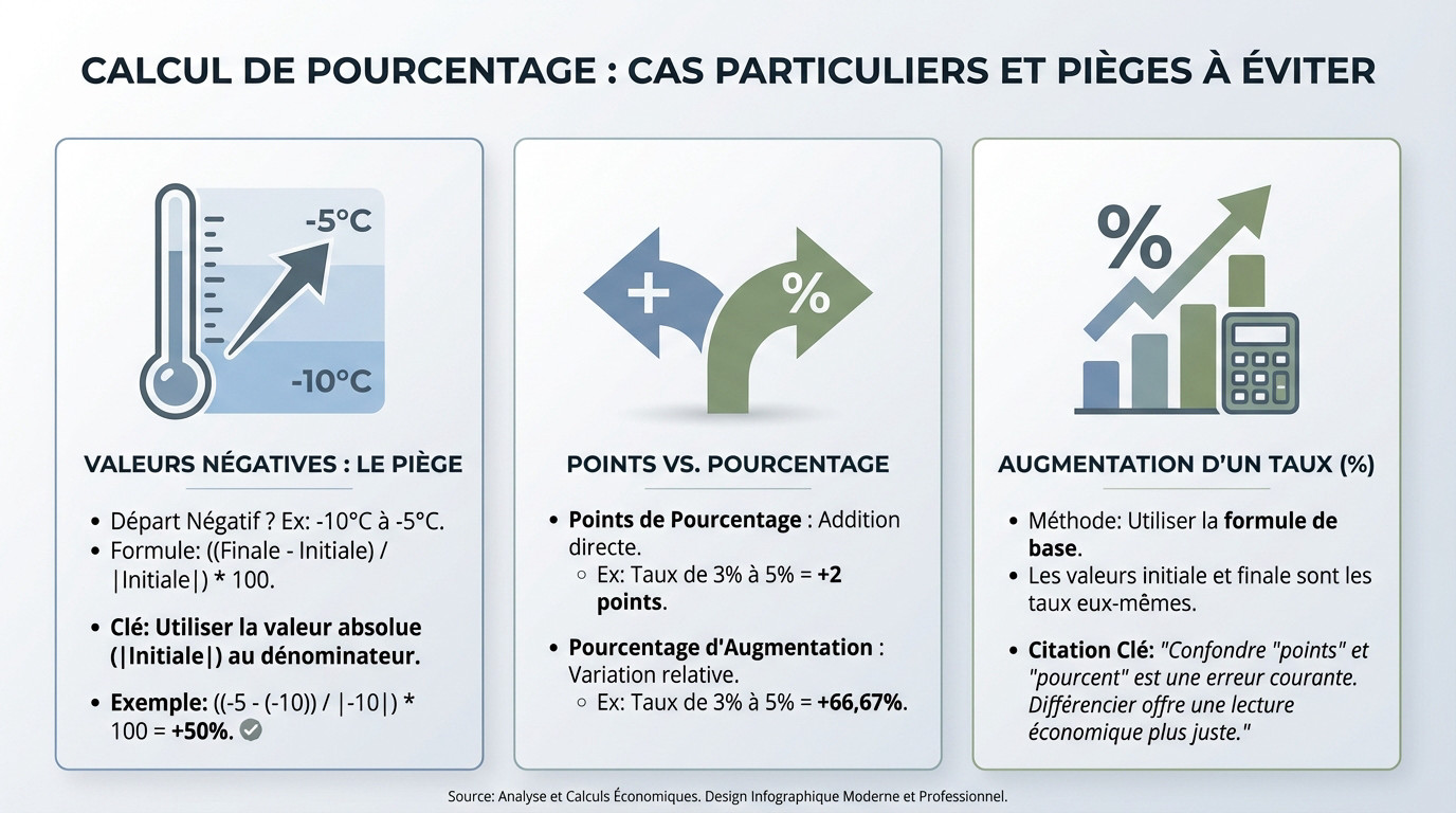 Illustration des pièges courants lors du calcul d'un pourcentage d'augmentation avec des valeurs négatives ou des taux
