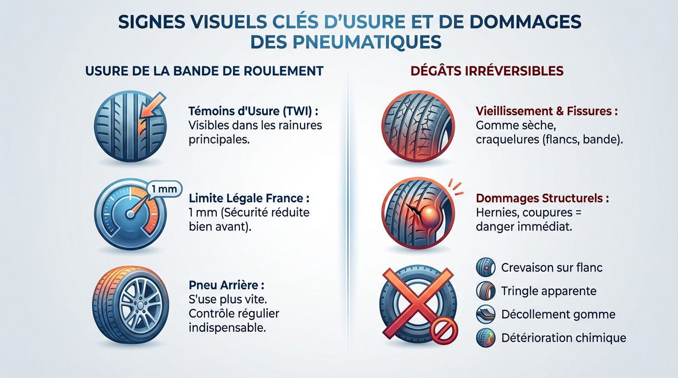 Schéma explicatif montrant les témoins d'usure et les zones de contrôle sur un pneu moto