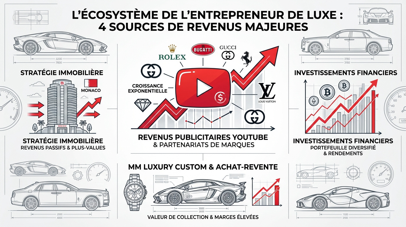 Infographie des quatre piliers de revenus de GMK incluant YouTube, immobilier et customisation automobile