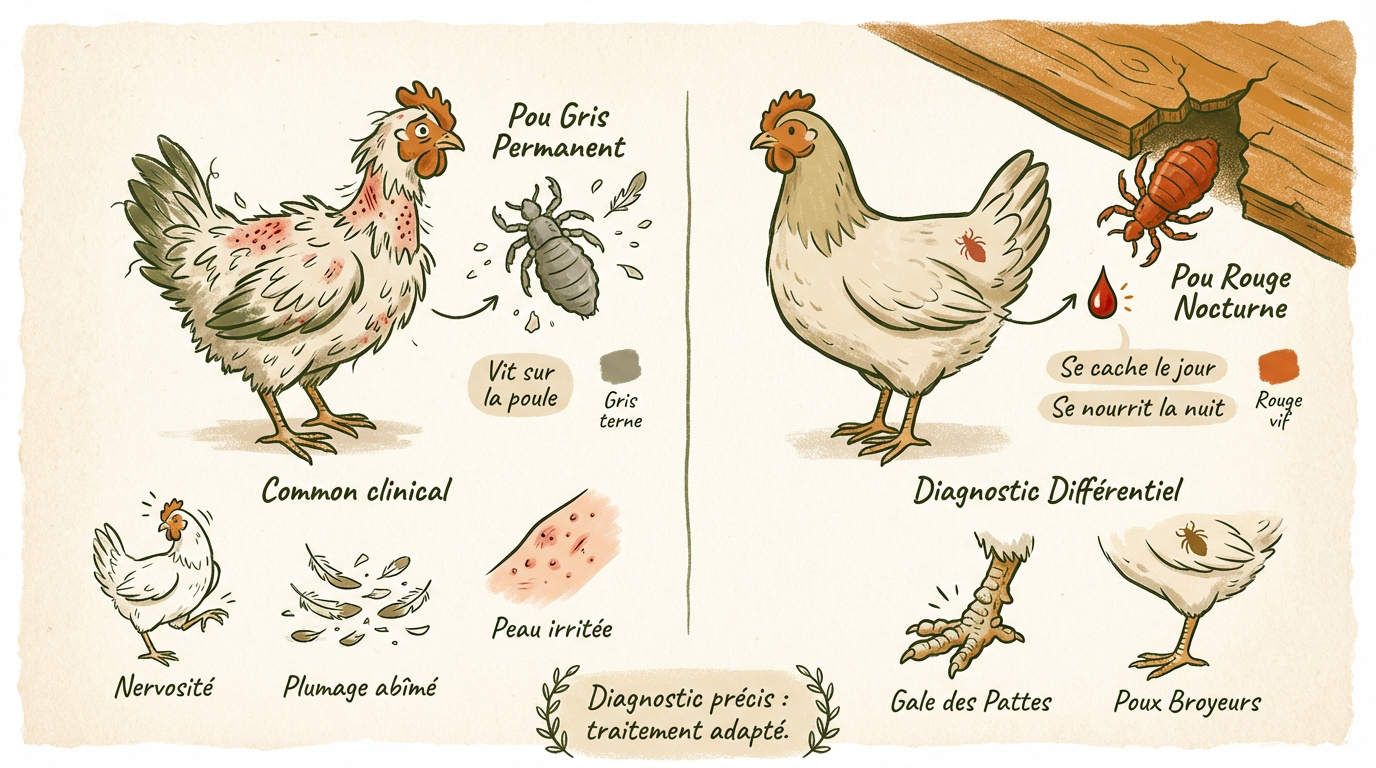 Comparaison visuelle entre les poux gris et les poux rouges de la poule