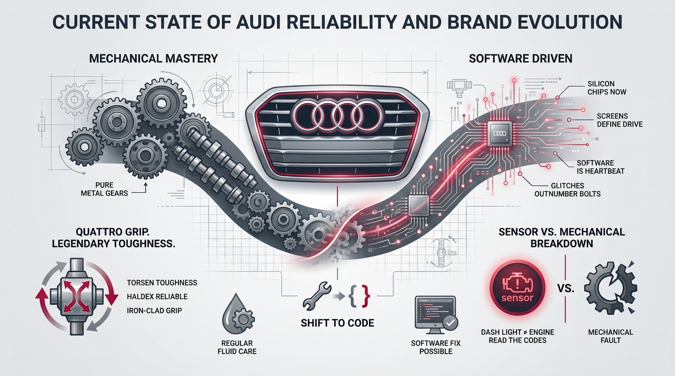 Modern Audi engine bay showcasing the integration of mechanical components and electronic control units