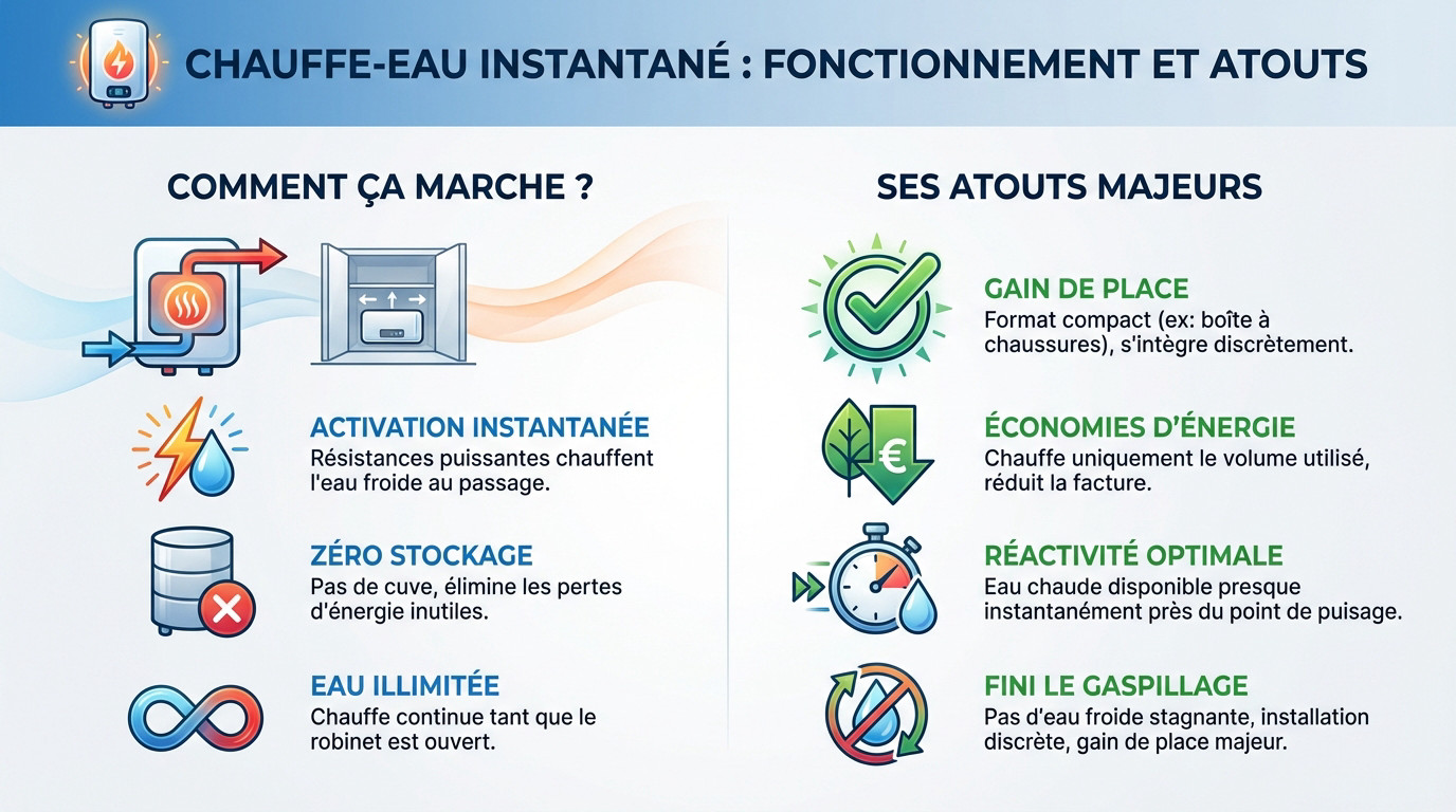 Schéma technique illustrant le fonctionnement compact d'un chauffe-eau instantané