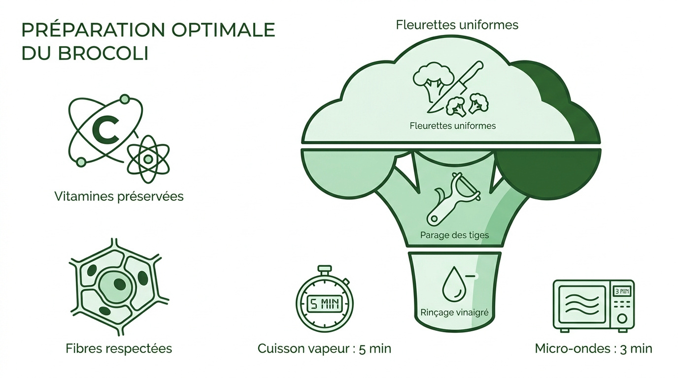 Préparation de bouquets de brocoli frais sur une planche à découper