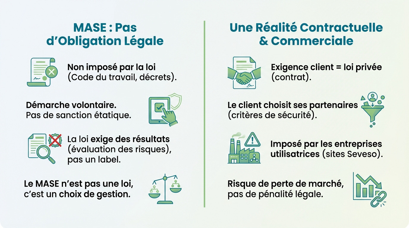 Schéma illustrant la différence entre l'obligation légale de sécurité et la contrainte commerciale du MASE imposée par les donneurs d'ordre