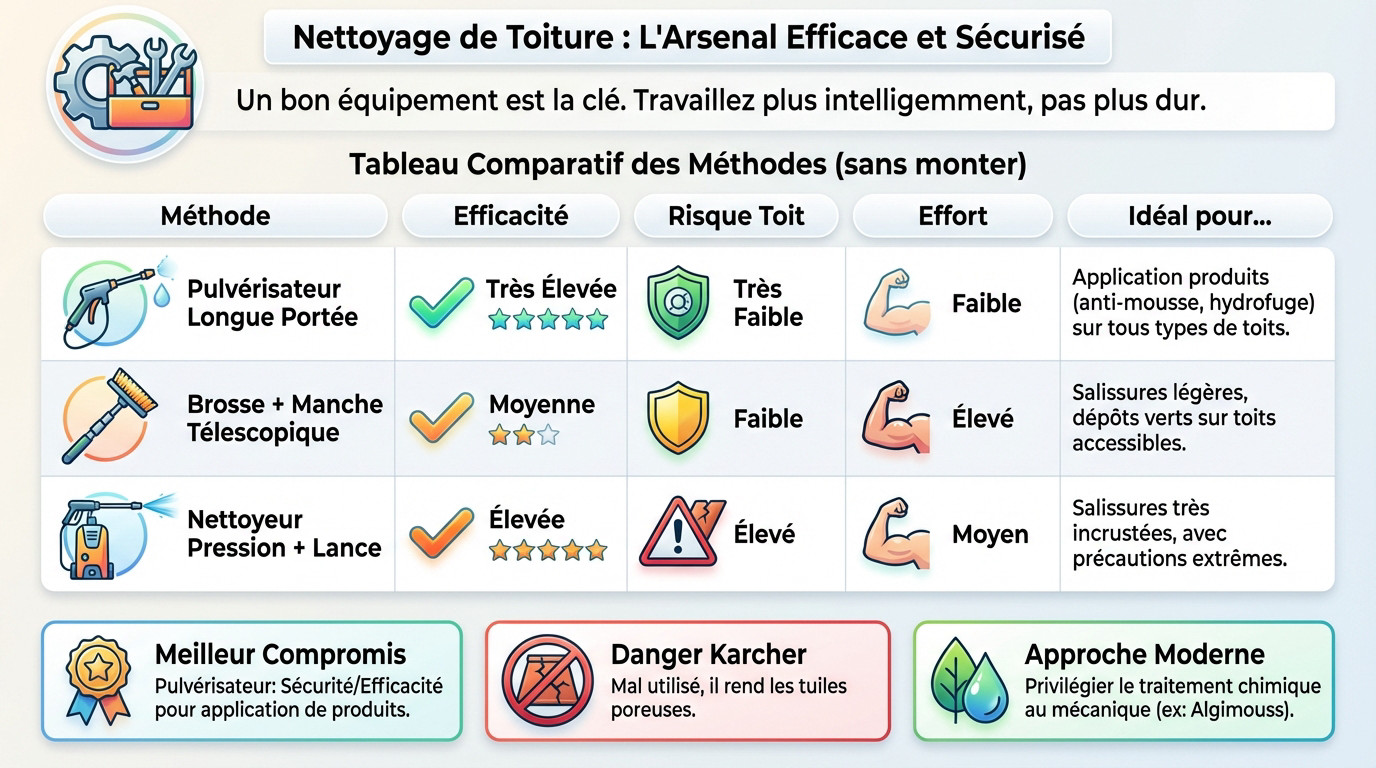 &Eacute;quipement complet pour le nettoyage de toiture sans monter : pulv&eacute;risateur &eacute;lectrique et lance t&eacute;lescopique