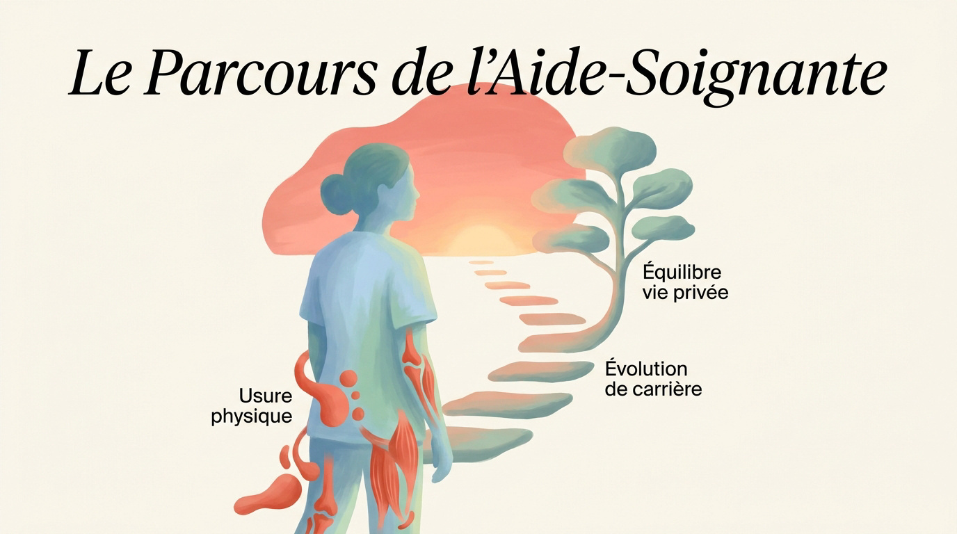 Illustration des étapes de reconversion d'une aide-soignante face à l'usure professionnelle