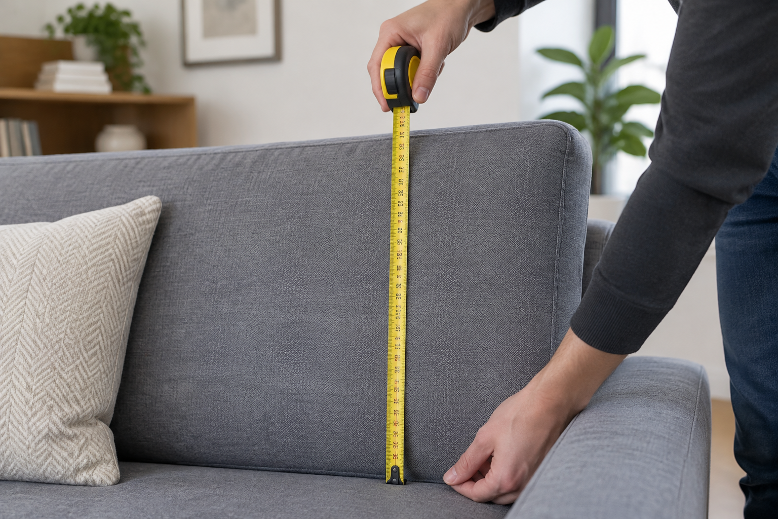 Person measuring the height of a sofa backrest from the seat with a tape measure