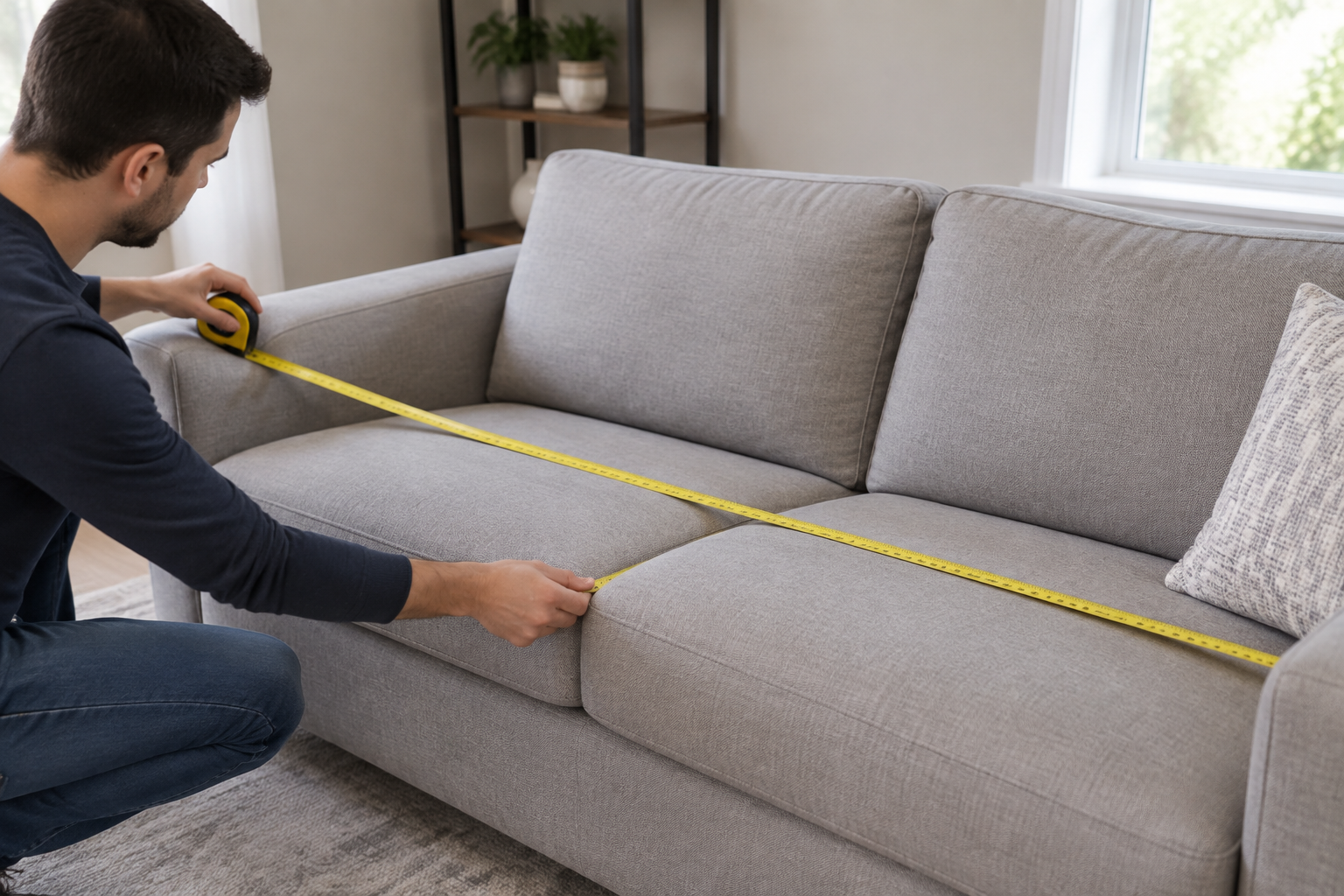 Person using a tape measure to check the width and height of a sofa