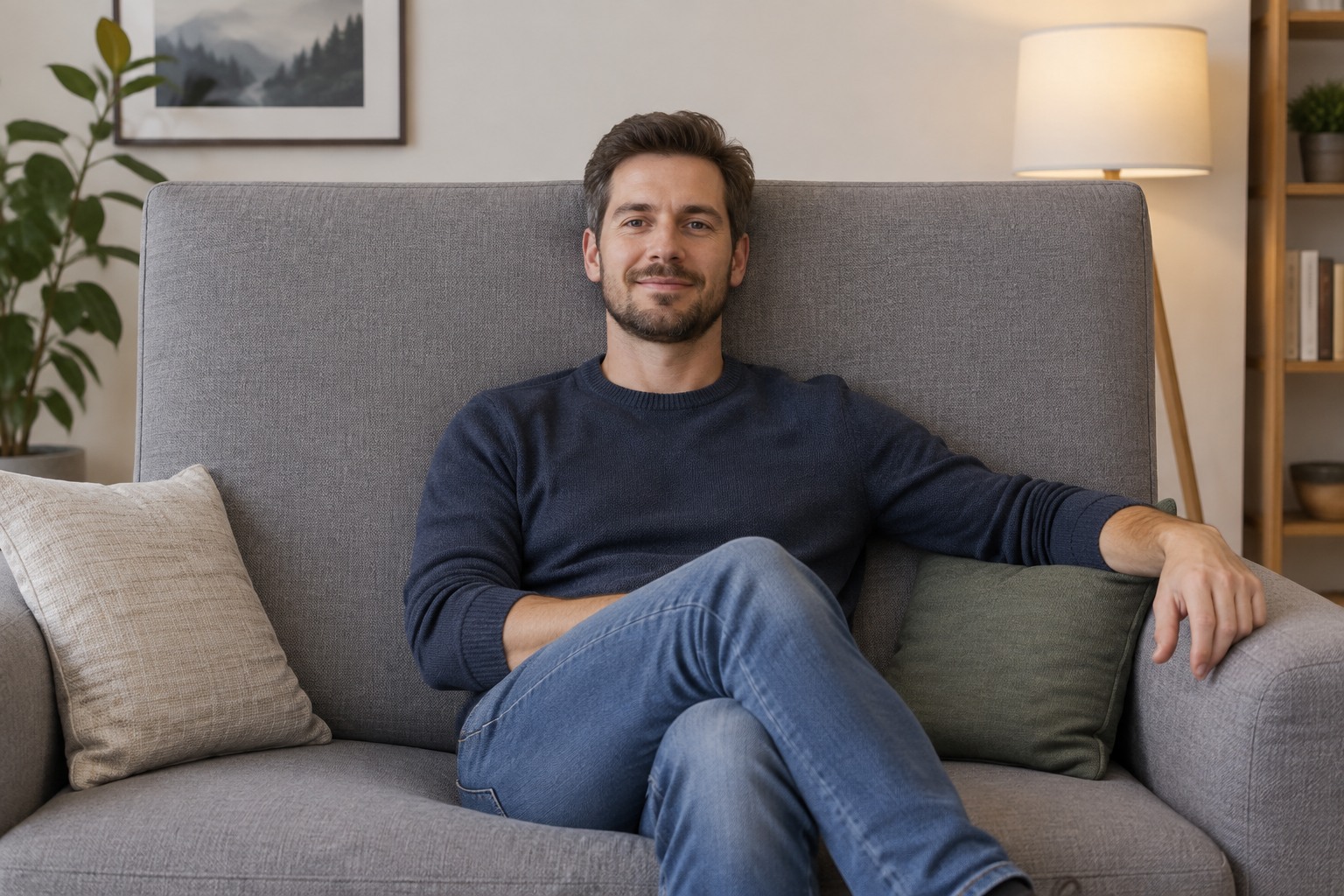 Person seated on a sofa, backrest reaching ear level for proper neck support