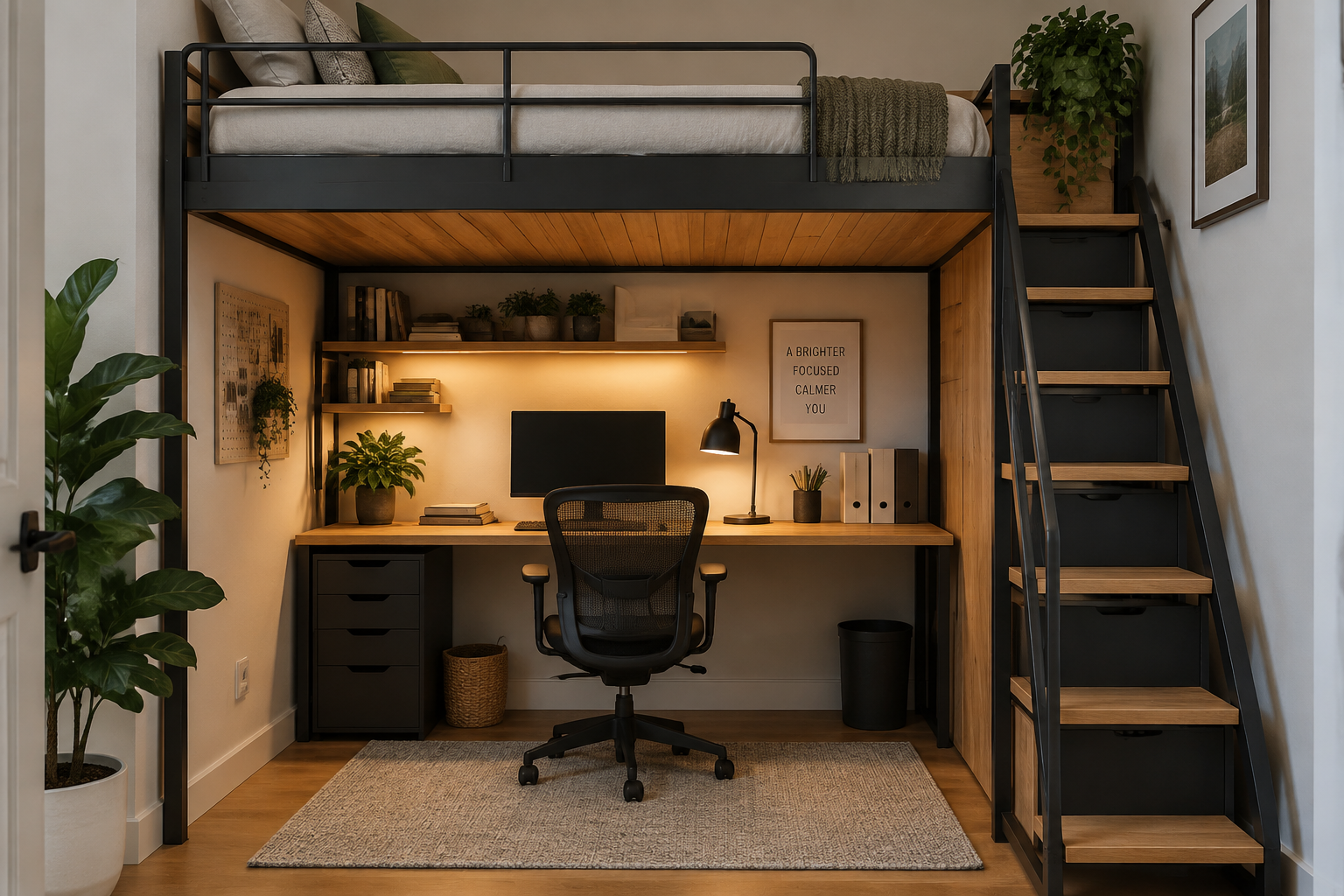 Un bureau installé sous une mezzanine.