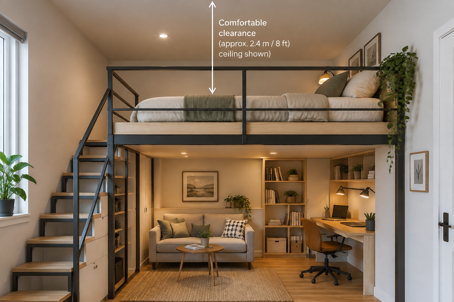 Un lit mezzanine avec un espace confortable au-dessus du matelas.
