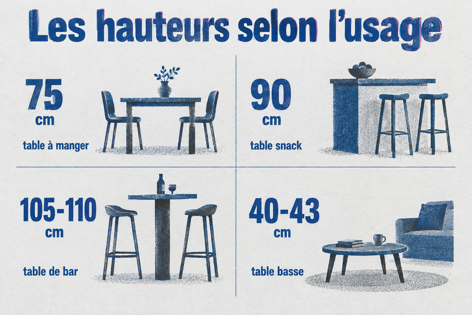 Selon l'usage, le plateau se situe à 75 cm (table à manger), 90 cm (snack), 105-110 cm (bar) ou 40-43 cm (table basse).
