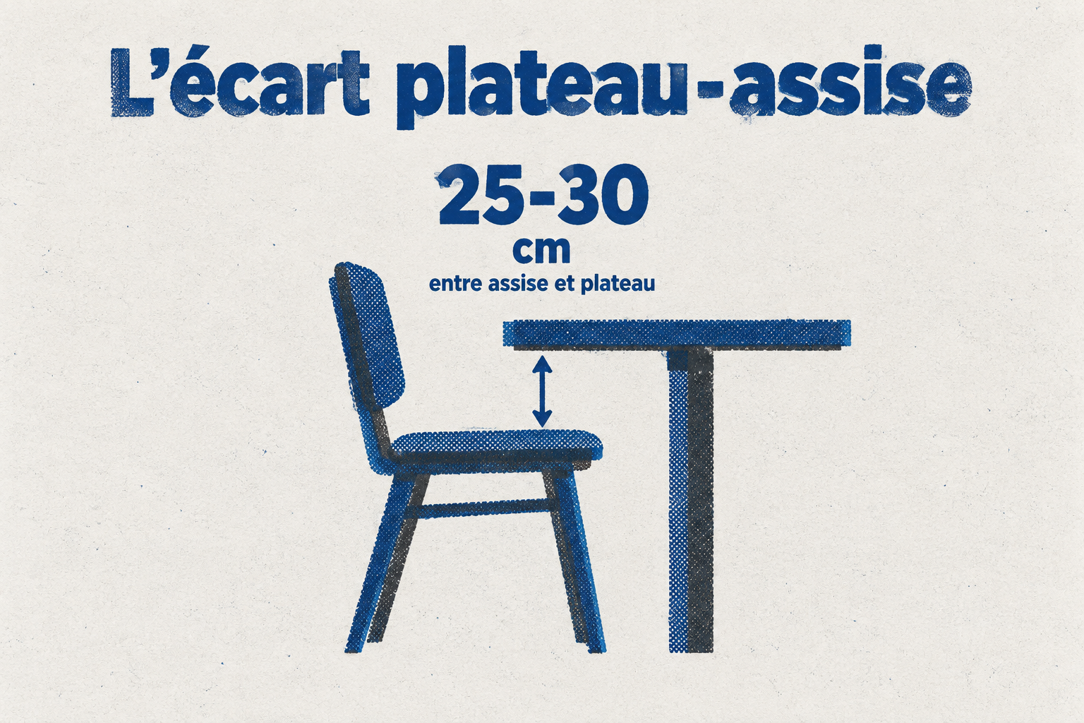 L'écart recommandé entre le dessus de l'assise et le dessous du plateau est de 25 à 30 cm.