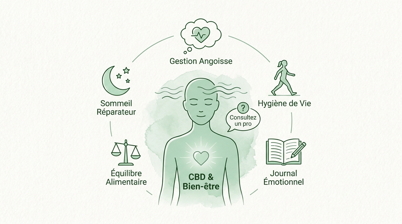 Flacon d'huile de CBD posé à côté d'un journal de bord pour le suivi du bien-être émotionnel
