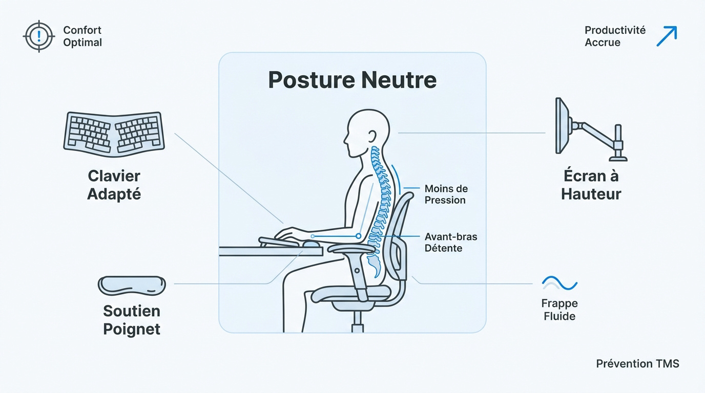 Clavier ergonomique : comment bien choisir Poste de travail avec clavier ergonomique et posture neutre des poignets