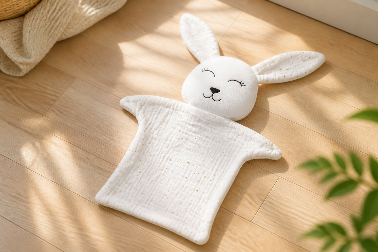 Doudou Lapin double gaze blanche et points dorés : la pureté du baptême