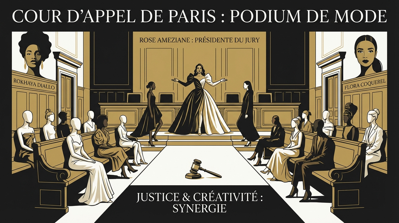 Défilé de mode de Mossi Traoré dans la salle d'audience de la Cour d'appel de Paris