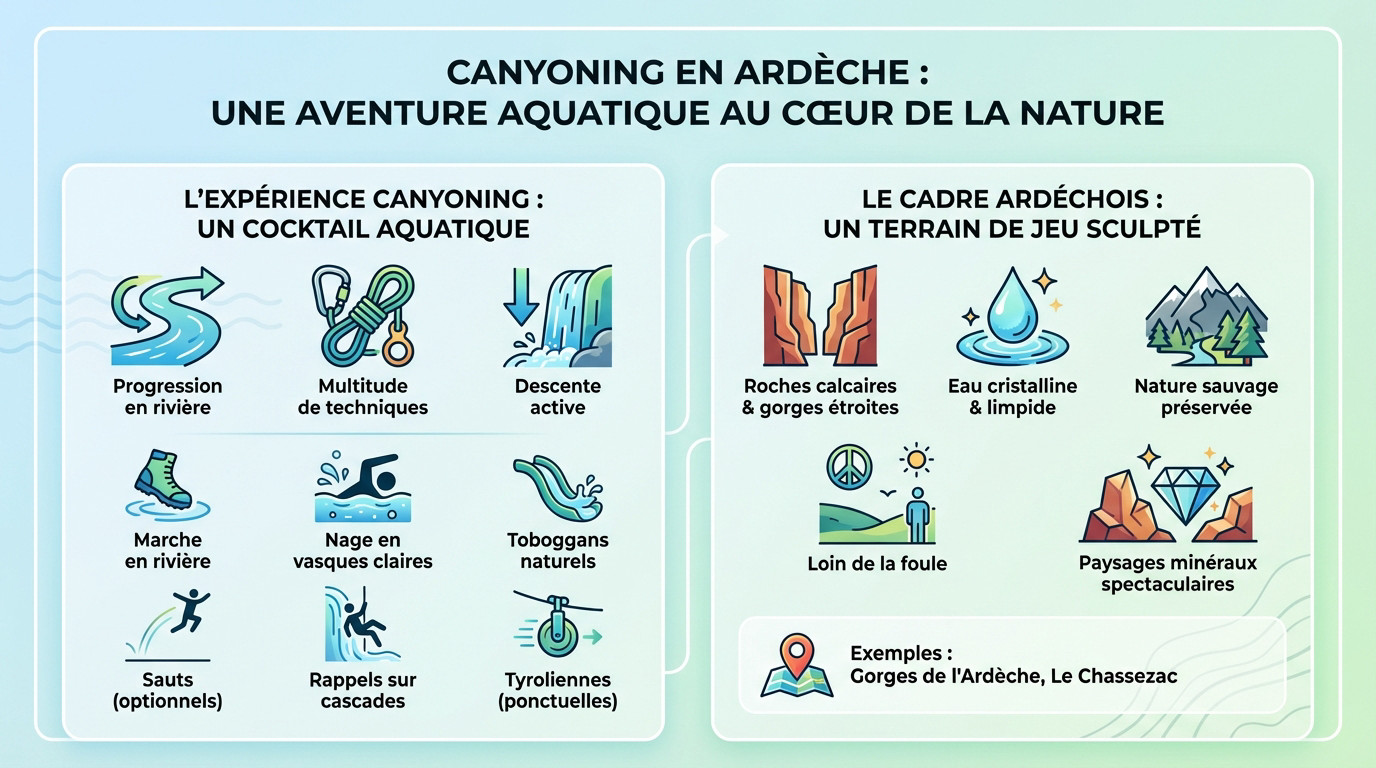 Groupe en progression de canyoning dans les eaux claires de l'Ardèche