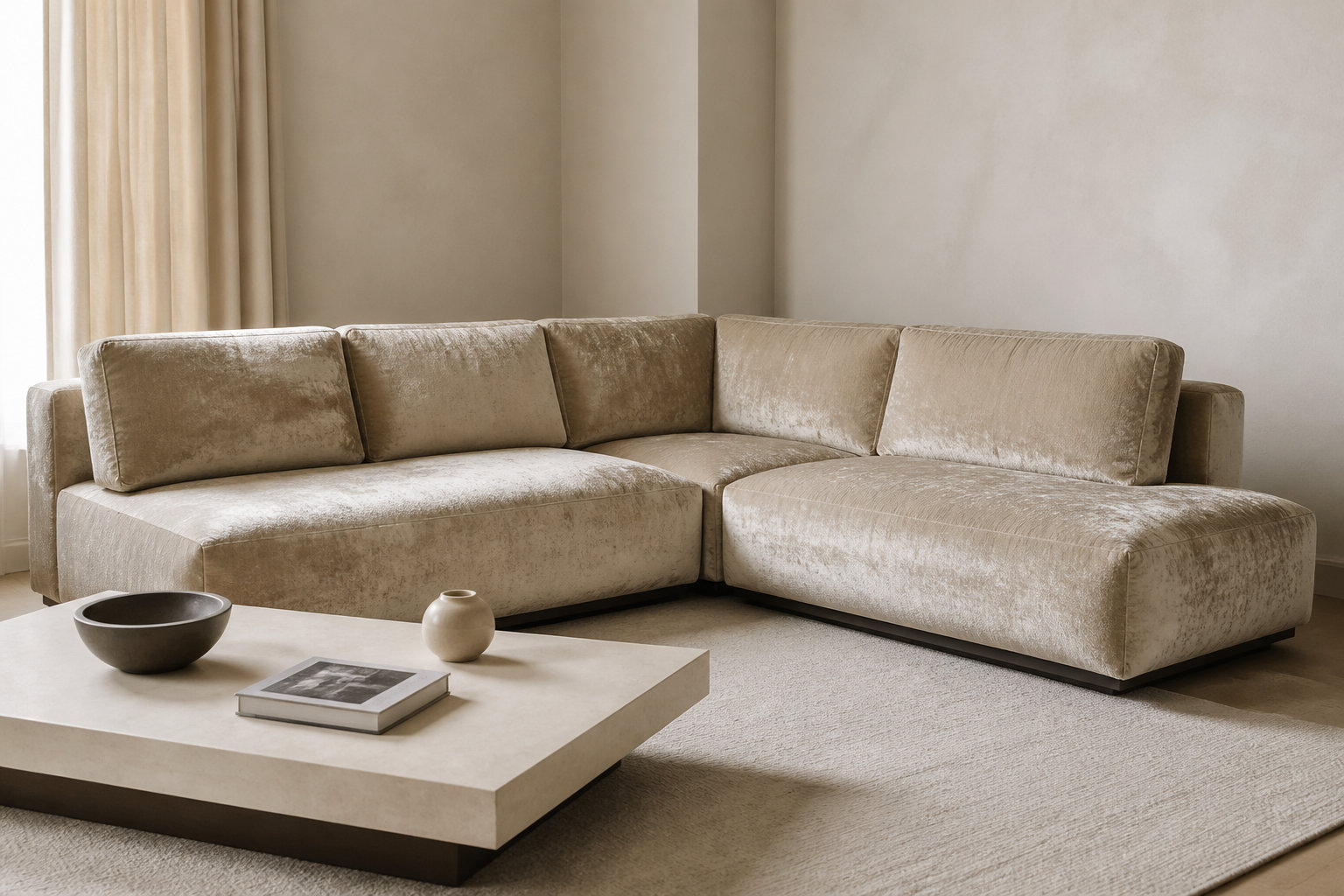 Canapé d'angle LOUSADO : le luxe du velours texturé beige