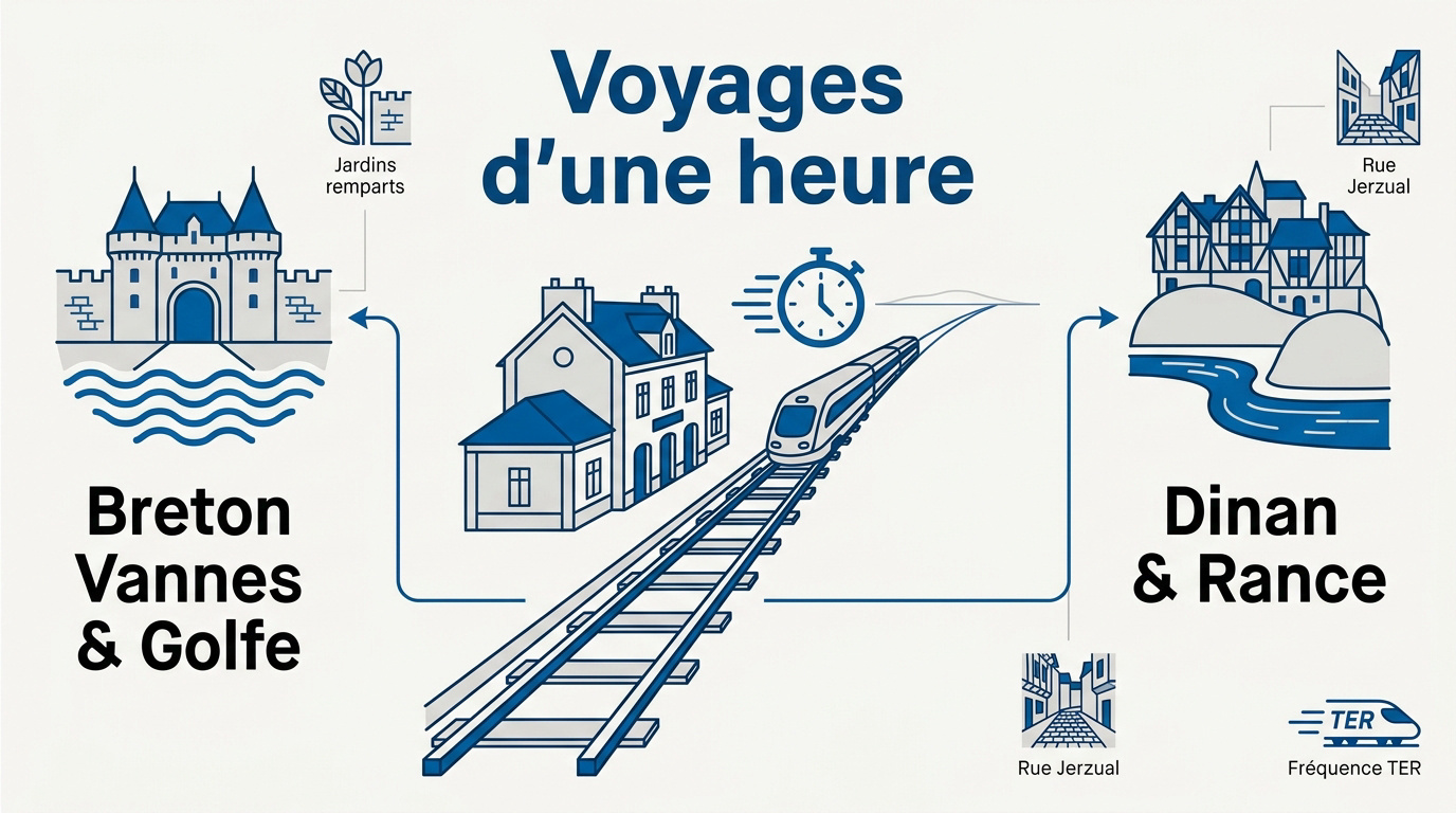 Infographie des destinations accessibles en train depuis Rennes en moins d'une heure
