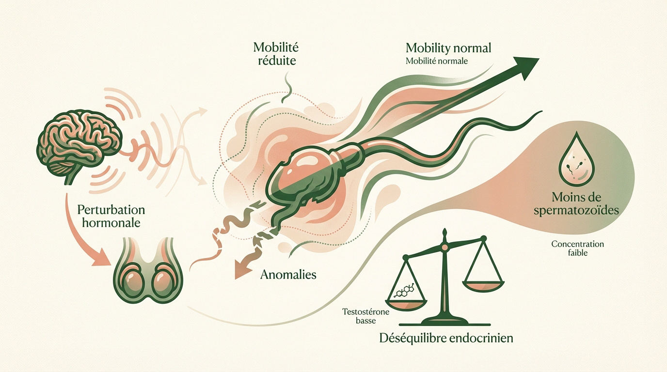 Schéma illustrant l'impact du THC sur la qualité et la mobilité des spermatozoïdes