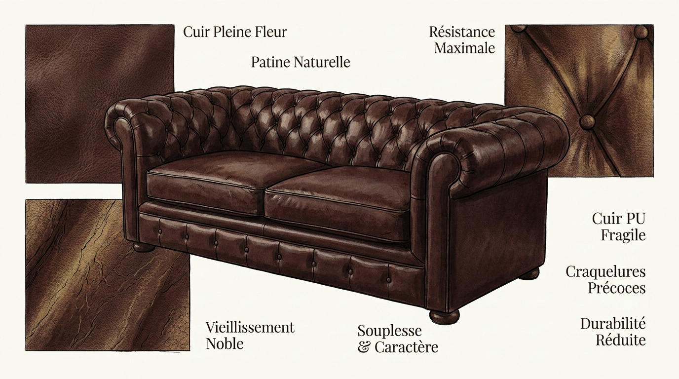 Comparaison entre un canapé Chesterfield en cuir pleine fleur et un revêtement en polyuréthane