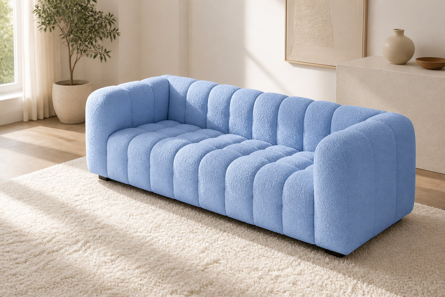 Canapé nuage LILO bleu azur : la douceur d'un tissu recyclé et texturé