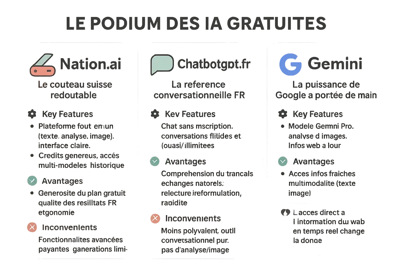 Podium avec les logos des 3 meilleures IA gratuites : Nation.ai, Chatbotgpt.fr et Gemini