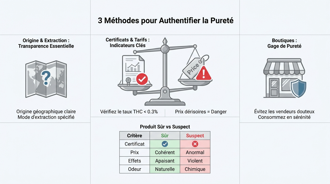Vérification de la pureté du CBD via certificats d'analyse et contrôle des prix
