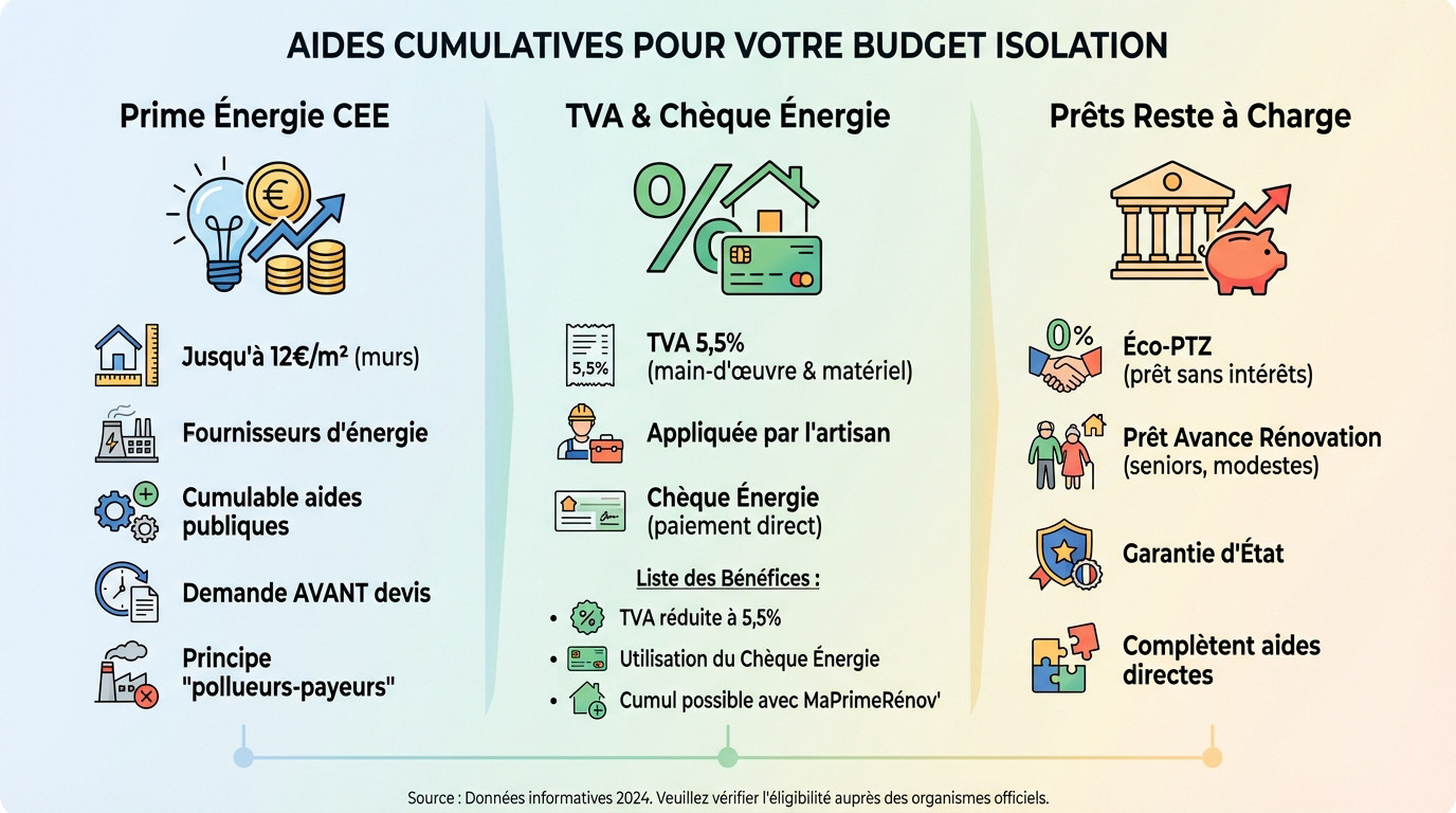 Schéma des aides cumulables pour l'isolation thermique : CEE, TVA réduite et éco-PTZ