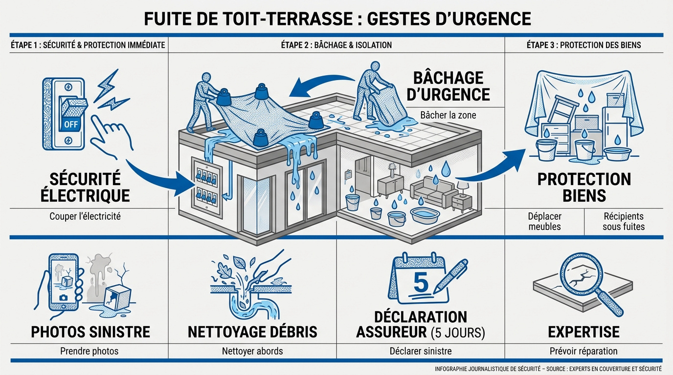 Intervention d'urgence pour colmater une fuite sur un toit terrasse avec une bâche de protection
