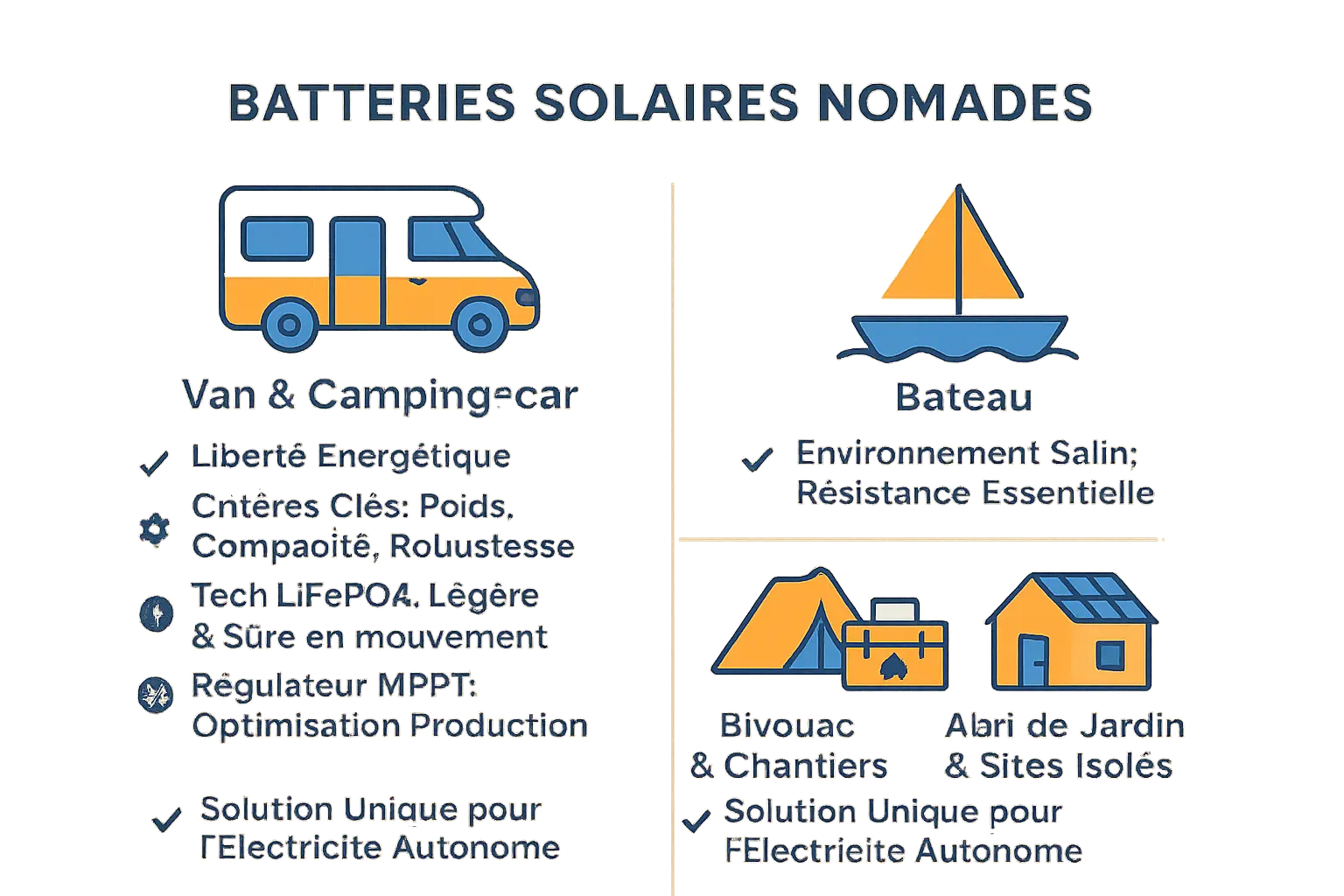 Infographie sur les usages des batteries solaires nomades