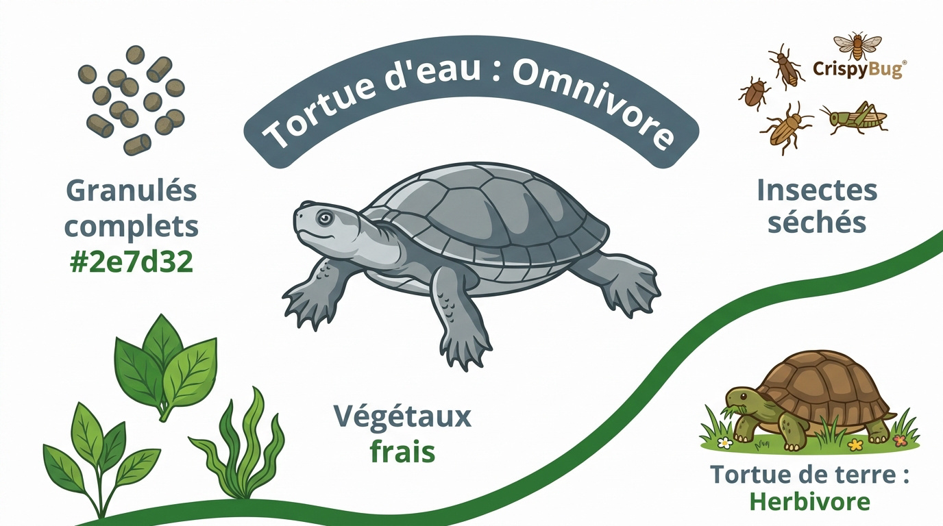Tortue d'eau mangeant des insectes et des végétaux dans son bassin