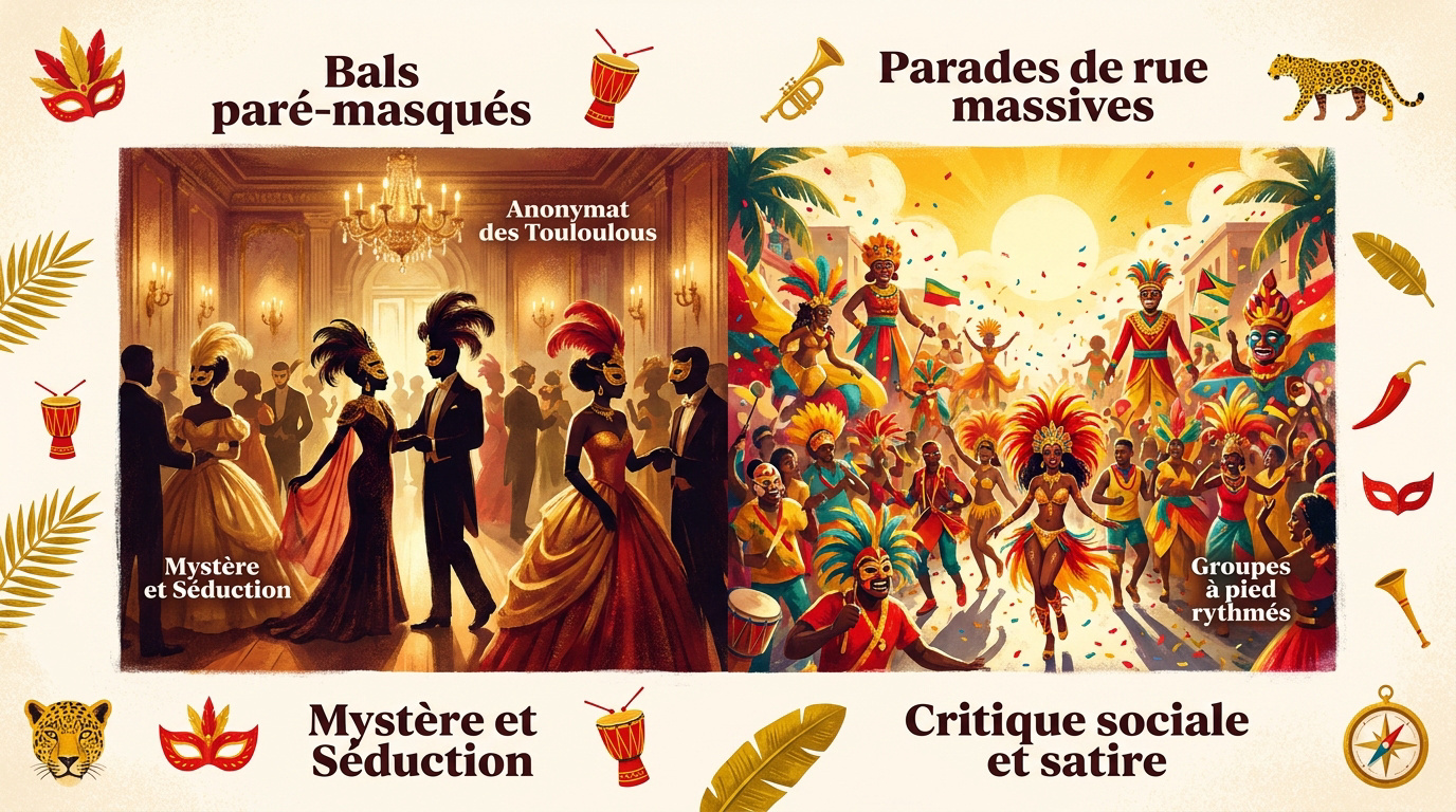 Comparaison entre l'anonymat des Touloulous en Guyane et l'explosion de couleurs des parades en Martinique et Guadeloupe