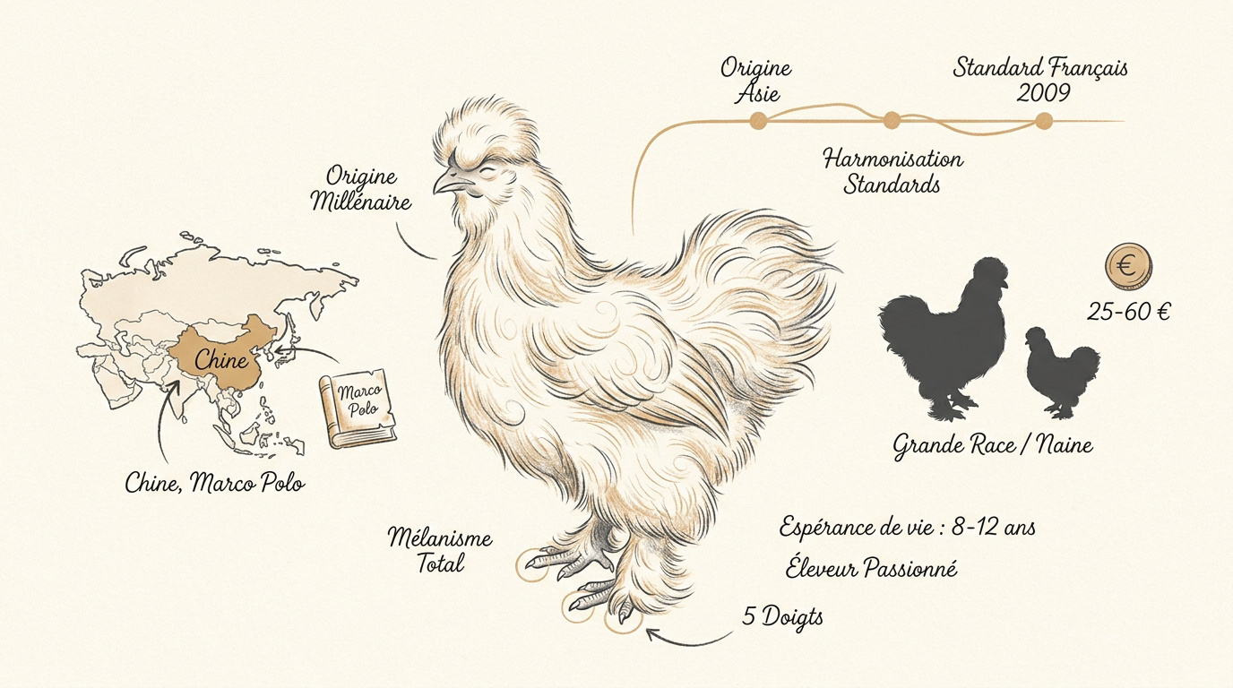 Infographie détaillant l'origine asiatique et les caractéristiques d'élevage de la poule Soie