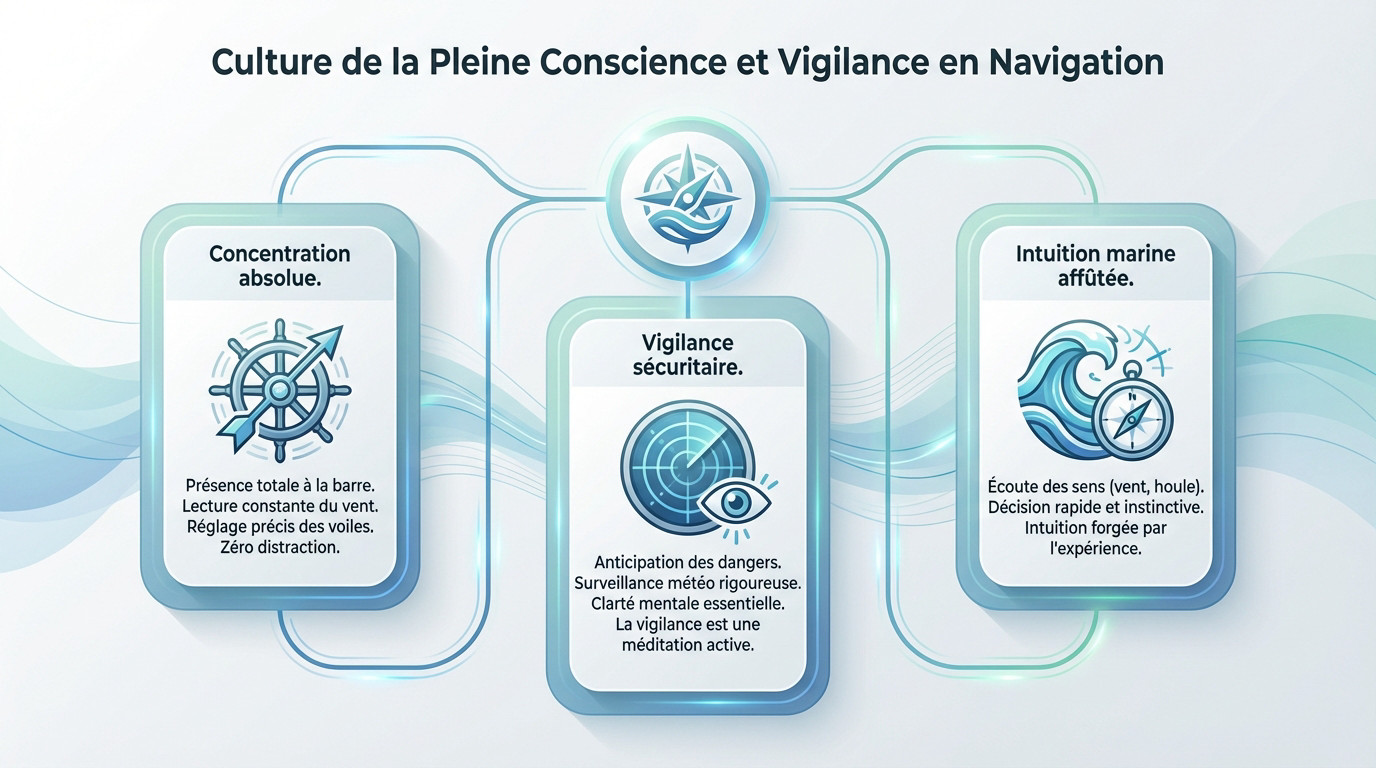 Barreur attentif observant les voiles et l'horizon en pleine mer