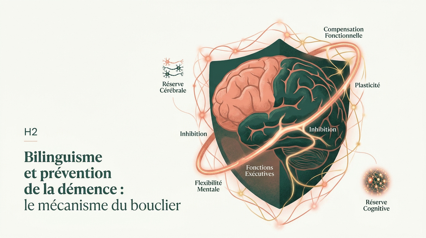 Illustration d'un cerveau protégé par le bilinguisme contre le déclin cognitif