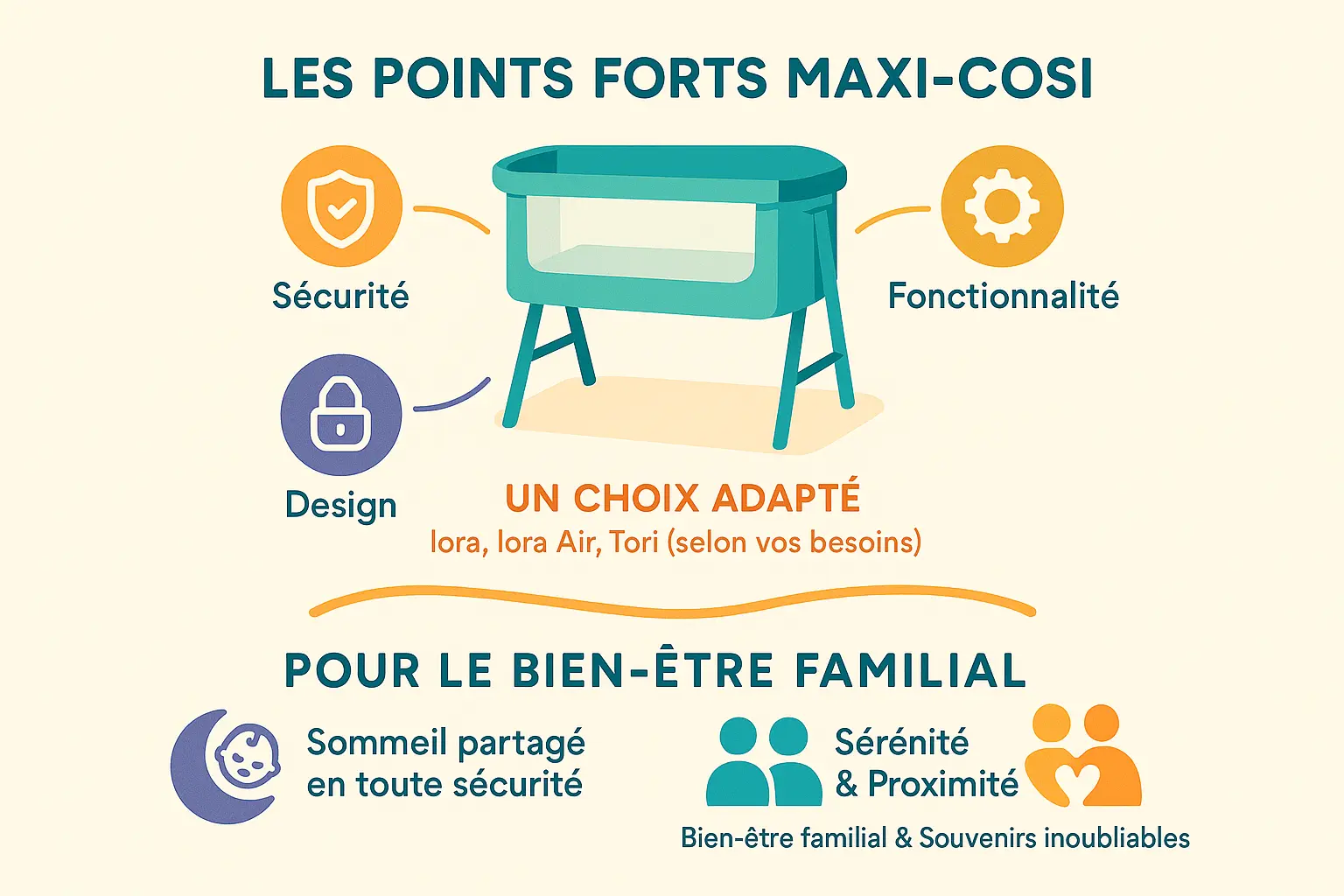 Berceau cododo Maxi-Cosi Iora en position fixée au lit parental