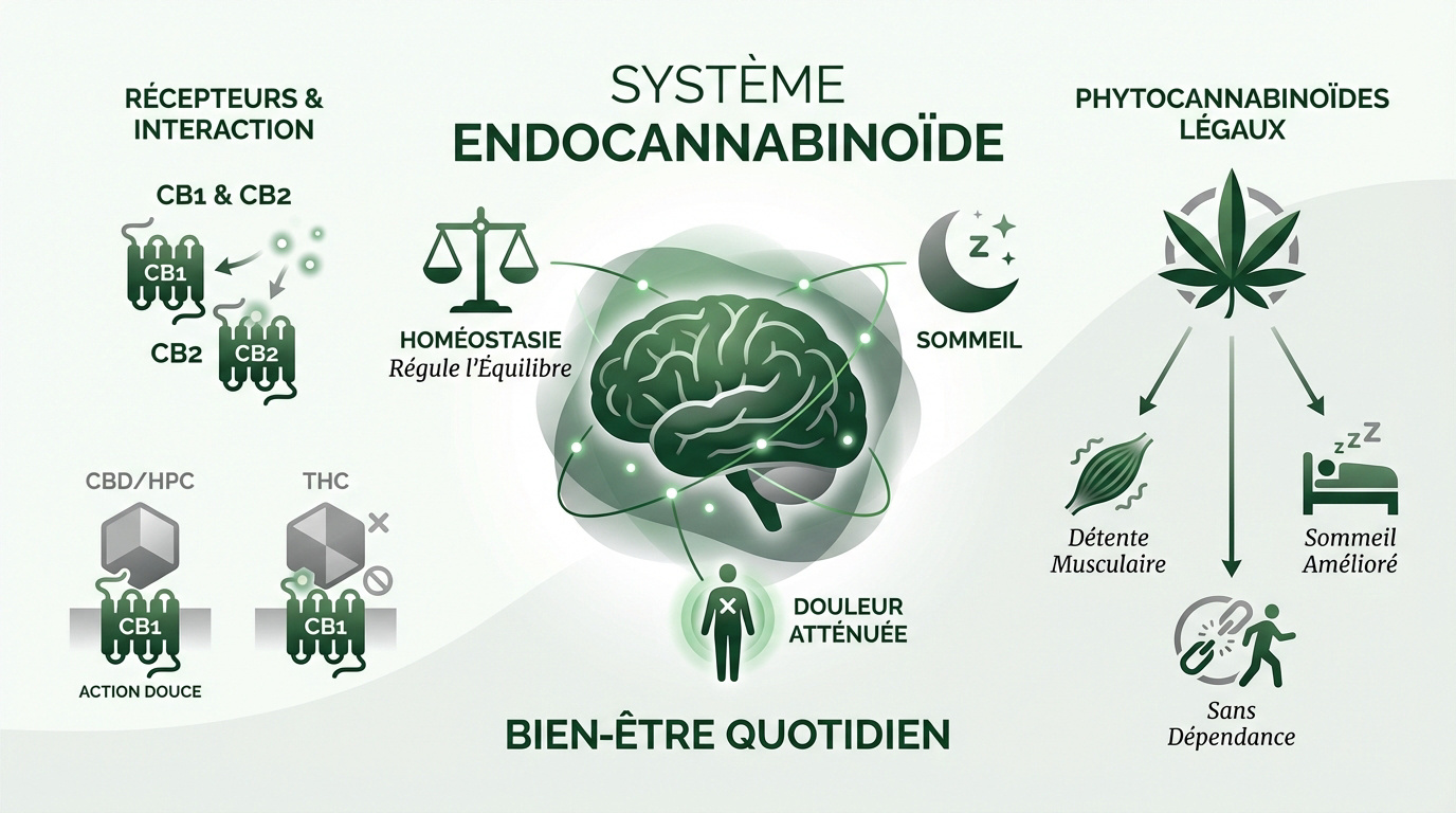 Schéma du système endocannabinoïde et des récepteurs CB1 et CB2 pour la relaxation sans THC
