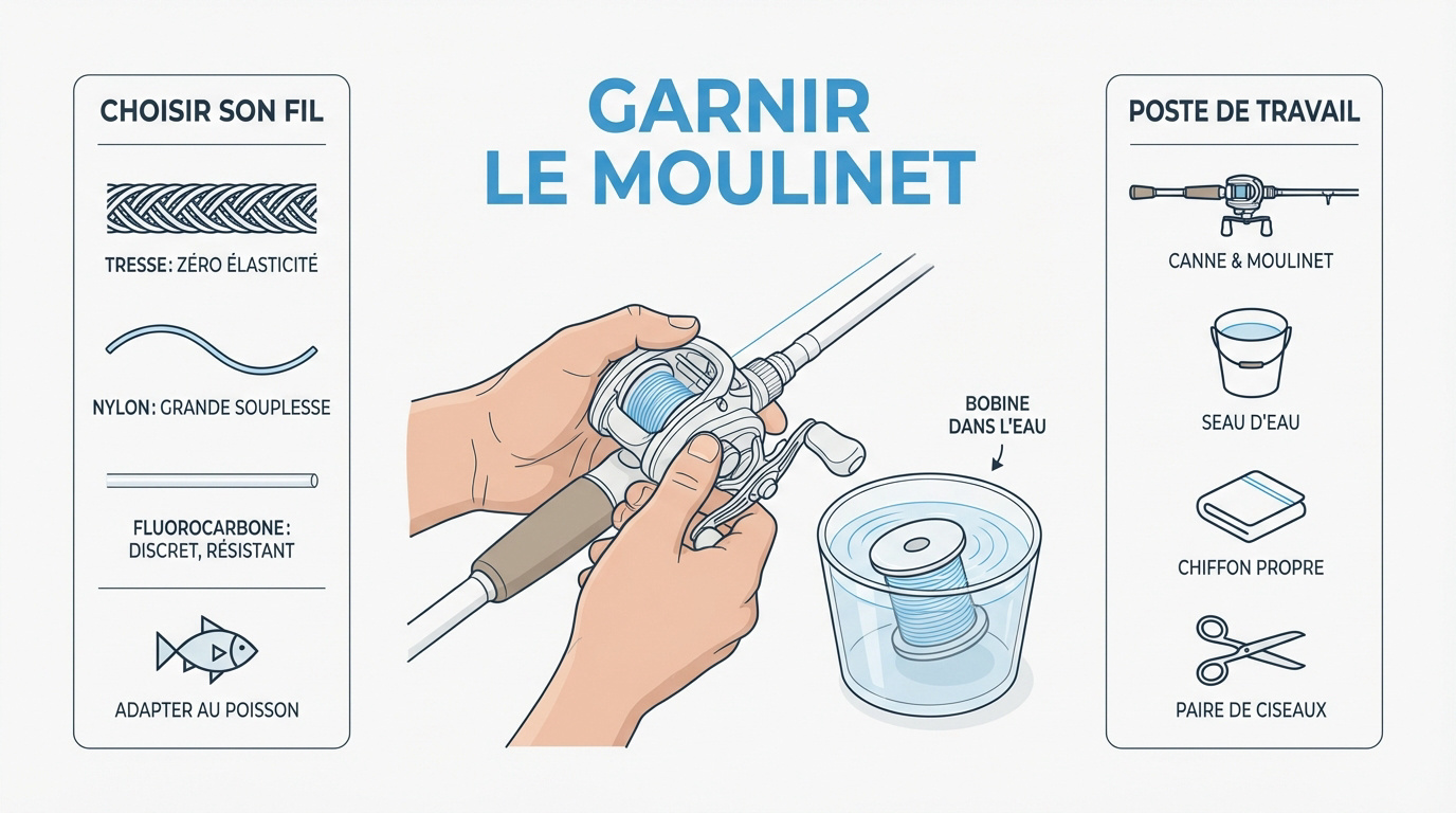 Matériel nécessaire pour remplir un moulinet casting avec tresse et seau d'eau